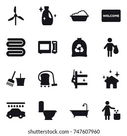 16 vector icon set : windmill, cleanser, washing, welcome mat, towel, garbage bag, trash, bucket and broom, vacuum cleaner, skyscrapers cleaning, house cleaning, car wash, toilet, bath, garbage bin