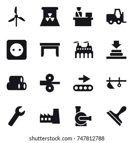 16 vector icon set : windmill, nuclear power, power socket, table, plow, wrench, factory, water pump, scraper
