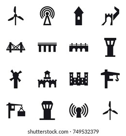 16 vector icon set : windmill, antenna, tower, greate wall, bridge, airport tower, fort, palace, tower crane