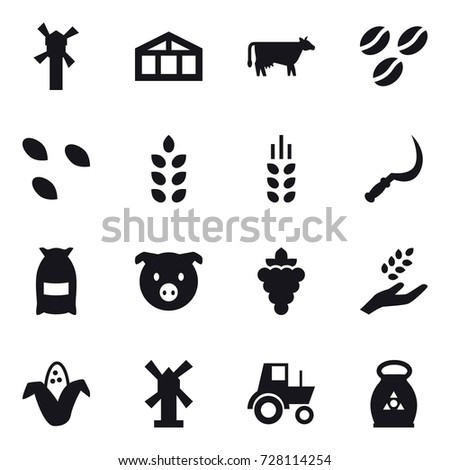 16 vector icon set : windmill, greenhouse, cow, coffee seeds, seeds, spikelets, sickle, flour, pig, grape, harvest, corn, tractor, fertilizer