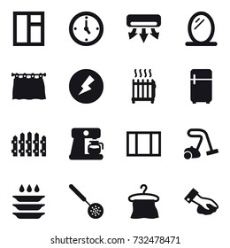 16 vector icon set : window, watch, air conditioning, mirror, curtain, electricity, radiator, fridge, fence, coffee maker, vacuum cleaner, plate washing, skimmer, hanger, wiping