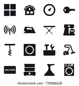 16 vector icon set : window, house, barometer, key, wireless, iron, iron board, coffee maker, corkscrew, ring button, repair tools, vacuum cleaner, welcome mat, plunger, washing machine