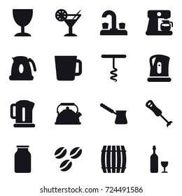 16 vector icon set : wineglass, cocktail, water tap, coffee maker, kettle, cup, corkscrew, turk, coffee seeds, barrel, wine