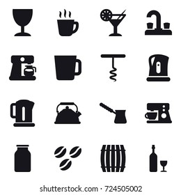 16 vector icon set : wineglass, hot drink, cocktail, water tap, coffee maker, cup, corkscrew, kettle, turk, coffee seeds, barrel, wine