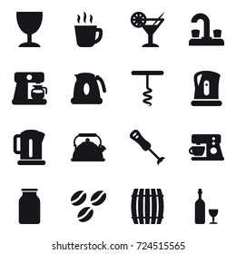 16 vector icon set : wineglass, hot drink, cocktail, water tap, coffee maker, kettle, corkscrew, coffee seeds, barrel, wine