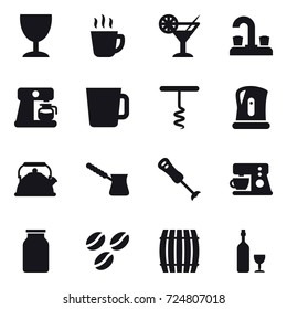 16 vector icon set : wineglass, hot drink, cocktail, water tap, coffee maker, cup, corkscrew, kettle, turk, coffee seeds, barrel, wine