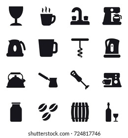 16 vector icon set : wineglass, hot drink, water tap, coffee maker, kettle, cup, corkscrew, turk, coffee seeds, barrel, wine