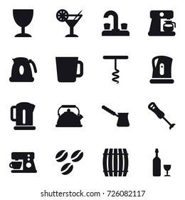 16 vector icon set : wineglass, cocktail, water tap, coffee maker, kettle, cup, corkscrew, turk, coffee seeds, barrel, wine