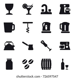 16 vector icon set : wineglass, cocktail, water tap, coffee maker, cup, corkscrew, kettle, turk, coffee seeds, barrel, wine