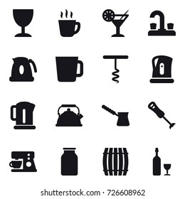 16 vector icon set : wineglass, hot drink, cocktail, water tap, kettle, cup, corkscrew, turk, barrel, wine