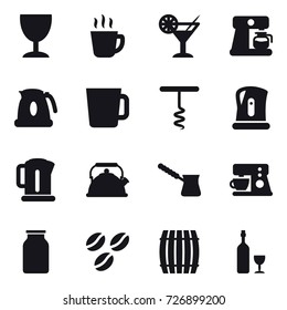 16 vector icon set : wineglass, hot drink, cocktail, coffee maker, kettle, cup, corkscrew, turk, coffee seeds, barrel, wine