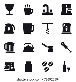 16 vector icon set : wineglass, hot drink, water tap, coffee maker, kettle, cup, corkscrew, turk, coffee seeds, wine