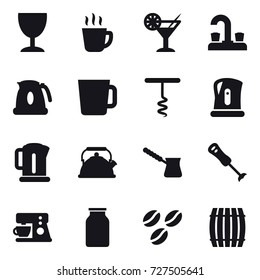 16 vector icon set : wineglass, hot drink, cocktail, water tap, kettle, cup, corkscrew, turk, coffee seeds, barrel