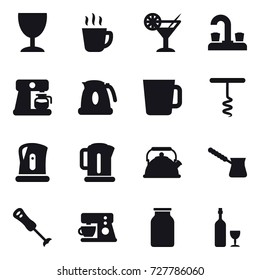 16 vector icon set : wineglass, hot drink, cocktail, water tap, coffee maker, kettle, cup, corkscrew, turk, wine