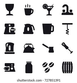 16 vector icon set : wineglass, hot drink, cocktail, water tap, coffee maker, kettle, cup, corkscrew, turk, coffee seeds, barrel