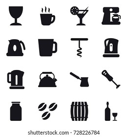 16 vector icon set : wineglass, hot drink, cocktail, coffee maker, kettle, cup, corkscrew, turk, coffee seeds, barrel, wine