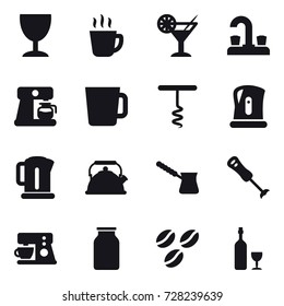 16 vector icon set : wineglass, hot drink, cocktail, water tap, coffee maker, cup, corkscrew, kettle, turk, coffee seeds, wine