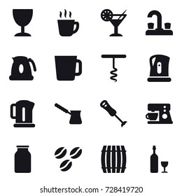 16 vector icon set : wineglass, hot drink, cocktail, water tap, kettle, cup, corkscrew, turk, coffee seeds, barrel, wine