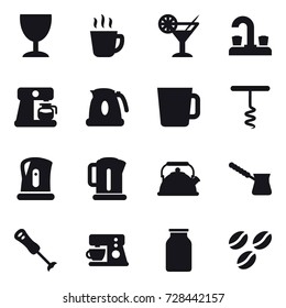 16 vector icon set : wineglass, hot drink, cocktail, water tap, coffee maker, kettle, cup, corkscrew, turk, coffee seeds