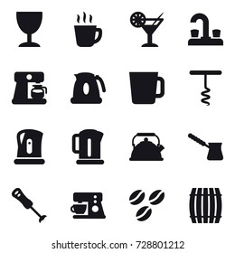 16 vector icon set : wineglass, hot drink, cocktail, water tap, coffee maker, kettle, cup, corkscrew, turk, coffee seeds, barrel