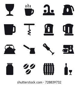 16 vector icon set : wineglass, hot drink, water tap, kettle, cup, corkscrew, turk, coffee seeds, barrel, wine