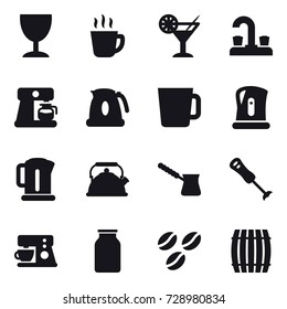 16 vector icon set : wineglass, hot drink, cocktail, water tap, coffee maker, kettle, cup, turk, coffee seeds, barrel