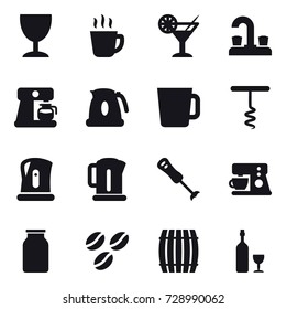 16 vector icon set : wineglass, hot drink, cocktail, water tap, coffee maker, kettle, cup, corkscrew, coffee seeds, barrel, wine