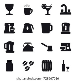16 vector icon set : wineglass, hot drink, cocktail, water tap, coffee maker, kettle, cup, turk, coffee seeds, barrel, wine