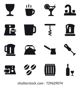 16 vector icon set : wineglass, hot drink, cocktail, water tap, coffee maker, cup, corkscrew, kettle, turk, coffee seeds, barrel, wine