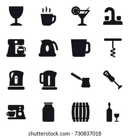 16 vector icon set : wineglass, hot drink, cocktail, water tap, coffee maker, kettle, cup, corkscrew, turk, barrel, wine