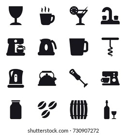 16 vector icon set : wineglass, hot drink, cocktail, water tap, coffee maker, kettle, cup, corkscrew, coffee seeds, barrel, wine