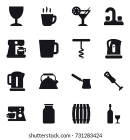 16 vector icon set : wineglass, hot drink, cocktail, water tap, coffee maker, cup, corkscrew, kettle, turk, barrel, wine