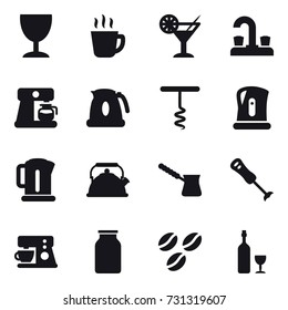 16 vector icon set : wineglass, hot drink, cocktail, water tap, coffee maker, kettle, corkscrew, turk, coffee seeds, wine