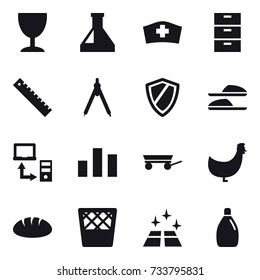 16 vector icon set : wineglass, ruler, drawing compass, shield, slippers, trailer, chicken, bread, trash bin, clean floor, cleanser