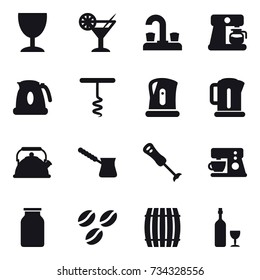 16 vector icon set : wineglass, cocktail, water tap, coffee maker, kettle, corkscrew, turk, coffee seeds, barrel, wine