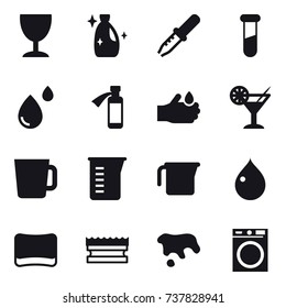 16 vector icon set : wineglass, cleanser, cocktail, cup, measuring cup, drop, sponge, spot, washing machine