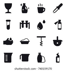 16 vector icon set : wineglass, cleanser, hot drink, washing, corkscrew, measuring cup, shampoo, toilet cleanser