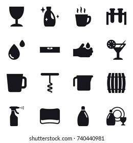 16 vector icon set : wineglass, cleanser, hot drink, level, cocktail, cup, corkscrew, measuring cup, barrel, sprayer, sponge, dish cleanser