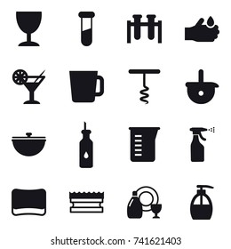 16 vector icon set : wineglass, cocktail, cup, corkscrew, cauldron, measuring cup, sprayer, sponge, dish cleanser, liquid soap