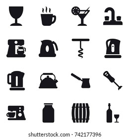 16 vector icon set : wineglass, hot drink, cocktail, water tap, coffee maker, kettle, corkscrew, turk, barrel, wine