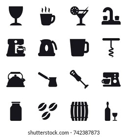 16 vector icon set : wineglass, hot drink, cocktail, water tap, coffee maker, kettle, cup, corkscrew, turk, coffee seeds, barrel, wine