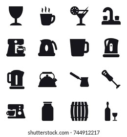 16 vector icon set : wineglass, hot drink, cocktail, water tap, coffee maker, kettle, cup, turk, barrel, wine