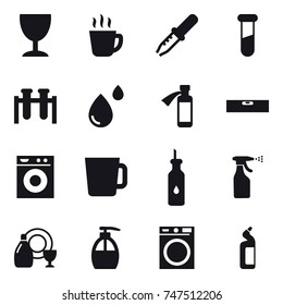 16 vector icon set : wineglass, hot drink, level, washing machine, cup, sprayer, dish cleanser, liquid soap, toilet cleanser