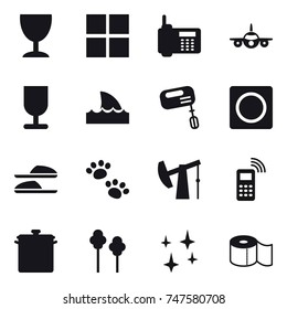 16 vector icon set : wineglass, window, shark flipper, mixer, ring button, slippers, pets, pan, trees, shining, toilet paper
