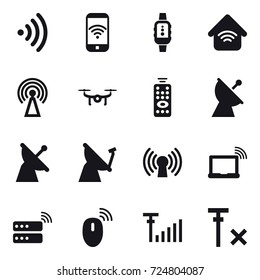 16 vector icon set : wireless, phone wireless, smartwatch, wireless home, antenna, drone, remote control, satellite antenna