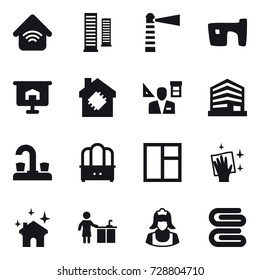 16 vector icon set : wireless home, skyscrapers, lighthouse, slum, presentation, smart house, architector, water tap, dresser, window, wiping, house cleaning, kitchen cleaning, cleaner