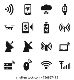 16 vector icon set : wireless, phone wireless, cloud wireless, smartwatch, drone, mobile pay, remote control, satellite antenna