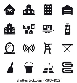 16 Vector Icon Set : Wireless Home, Mansion, Building, Garage, Architector, Trailer, Remote Control, Mirror, Wireless, Chair For Babies, Iron Board, Broom, Bucket, Clean Floor, Stack Of Towels