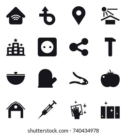 16 vector icon set : wireless home, hotel, power socket, cauldron, cook glove, walnut crack, barn, syringe, wiping, clean  window