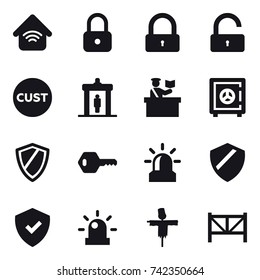 16 vector icon set : wireless home, lock, unlock, detector, inspector, safe, shield, key, alarm, scarecrow, farm fence